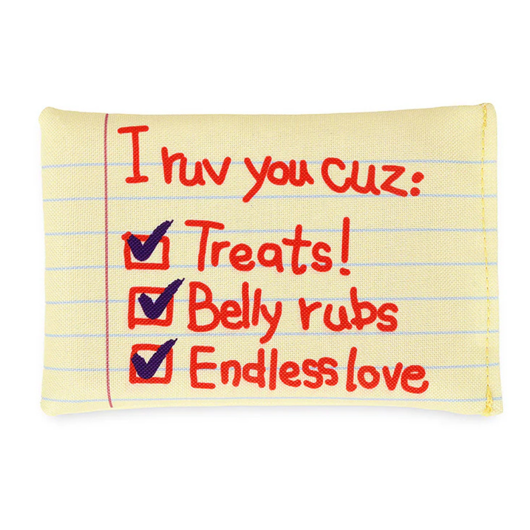 Coco & Pud Love Bug Love Letters Valentine's Dog Toy details of inside letter with List of reason 'I ruv you cuz' - P.L.A.Y 