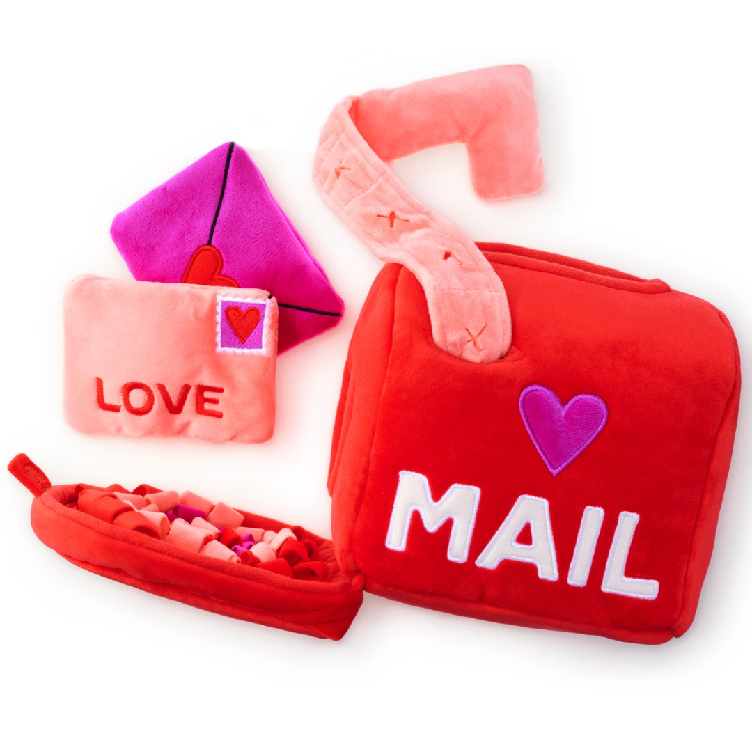 Coco & Pud Love Letters Interactive Snuffle Dog Toy -Set of plush love letter dog toy including a red mailbox with ' ❤️ Mail' text, pink envelope snuffle dog toy.