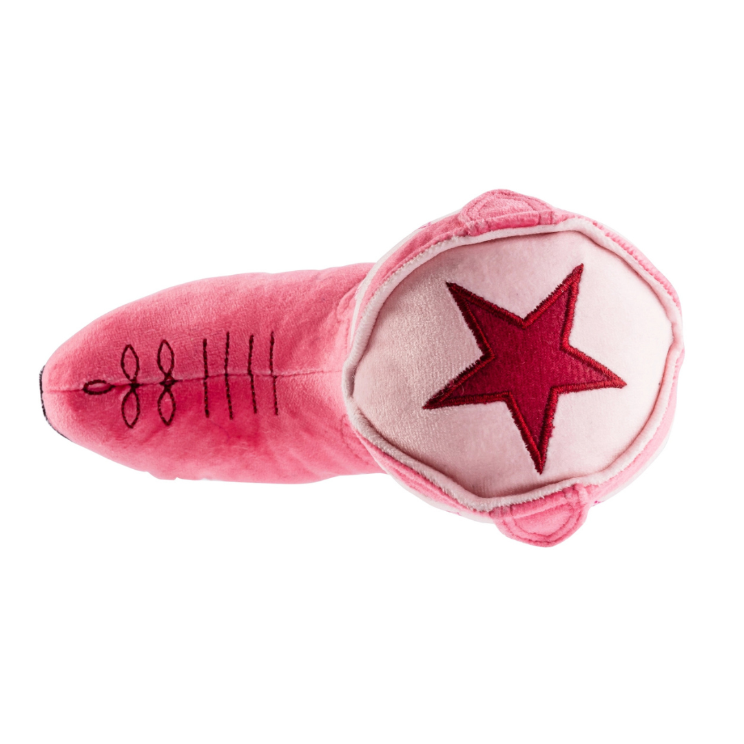 Coco & Pud Pink Cowgirl Boot dog toy showing star detail from above view - Haute Diggity Dog