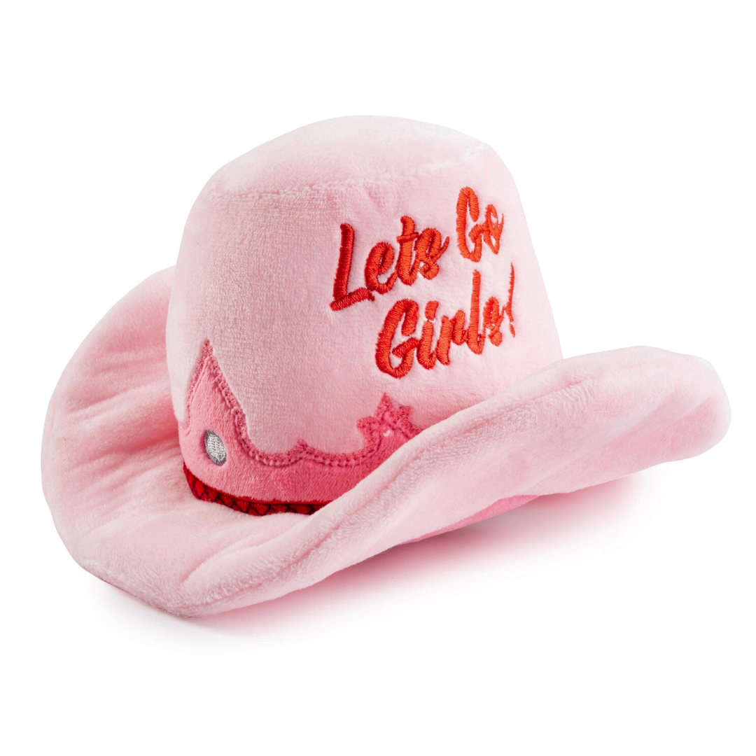 Coco & Pud Pink Cowgirl plush Hat Dog Toy  with 'Let's Go Girls!' embroidered on a plush pink fabrick with squeaker inside