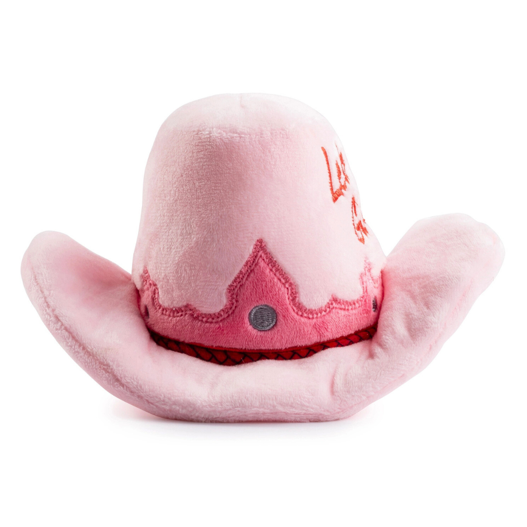 Coco & Pud Pink Cowgirl Hat front view with decorative band dog toy - Haute Diggity Dog