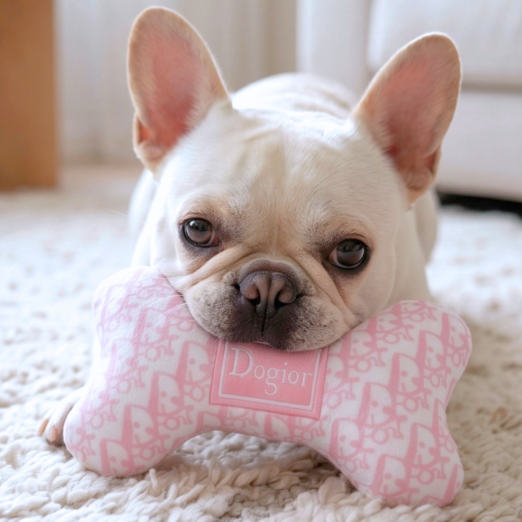 Coco & Pud A French Bulldog sits holding a pink and white bone-shaped plush toy with a repeating dog pattern and a central label that reads 'Dogior' - Haute Diggity Dog