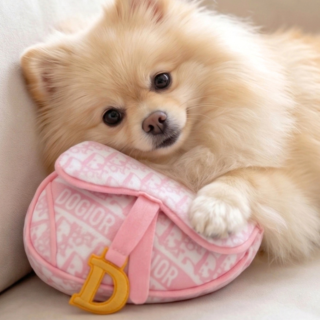Coco & Pud Pink Dogior Saddlebag Dog Toy with cream coloured fluffy dog laying down with toy - Haute Diggity Dog