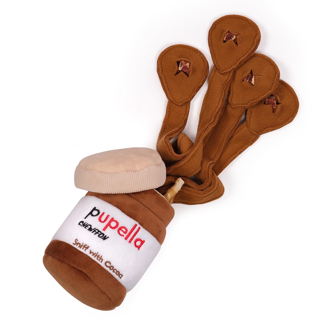 Coco & Pud 'Pupella' interactive plush dog toy shaped like a jar of Nutella, showing the interior interactive straps for hiding treats inside the chocolate jar - Chewffon