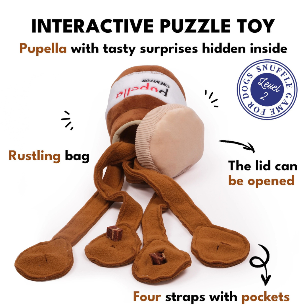 Coco & Pud - details of the Pupella interactive puzzle dog toy shaped like a spilled coffee mug with four brown straps and small treats inside - Chewffon