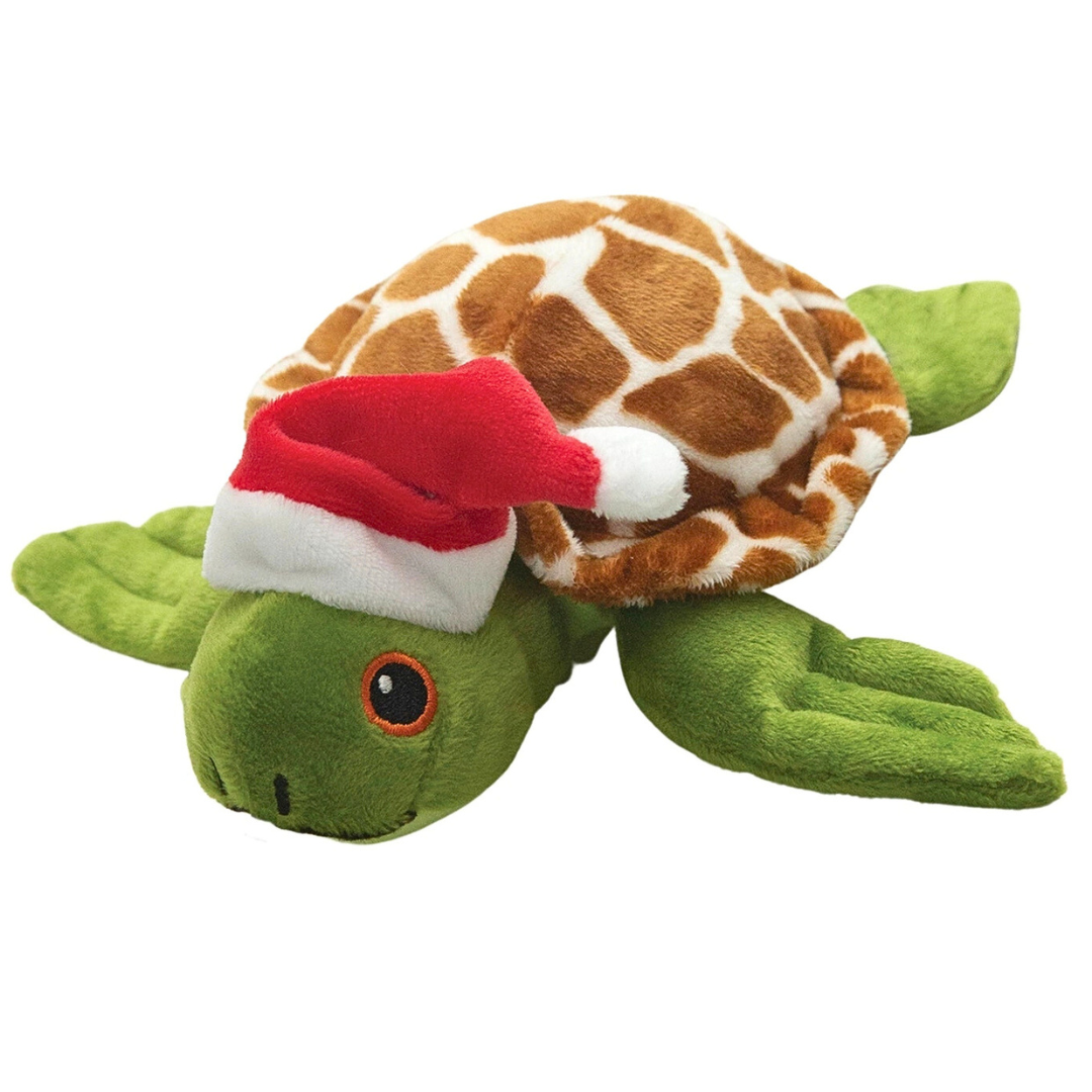 Coco & Pud Shelldon Claus Christmas Dog Toy - a plush green turtle dog toy with a red Santa hat - Snug Arooz