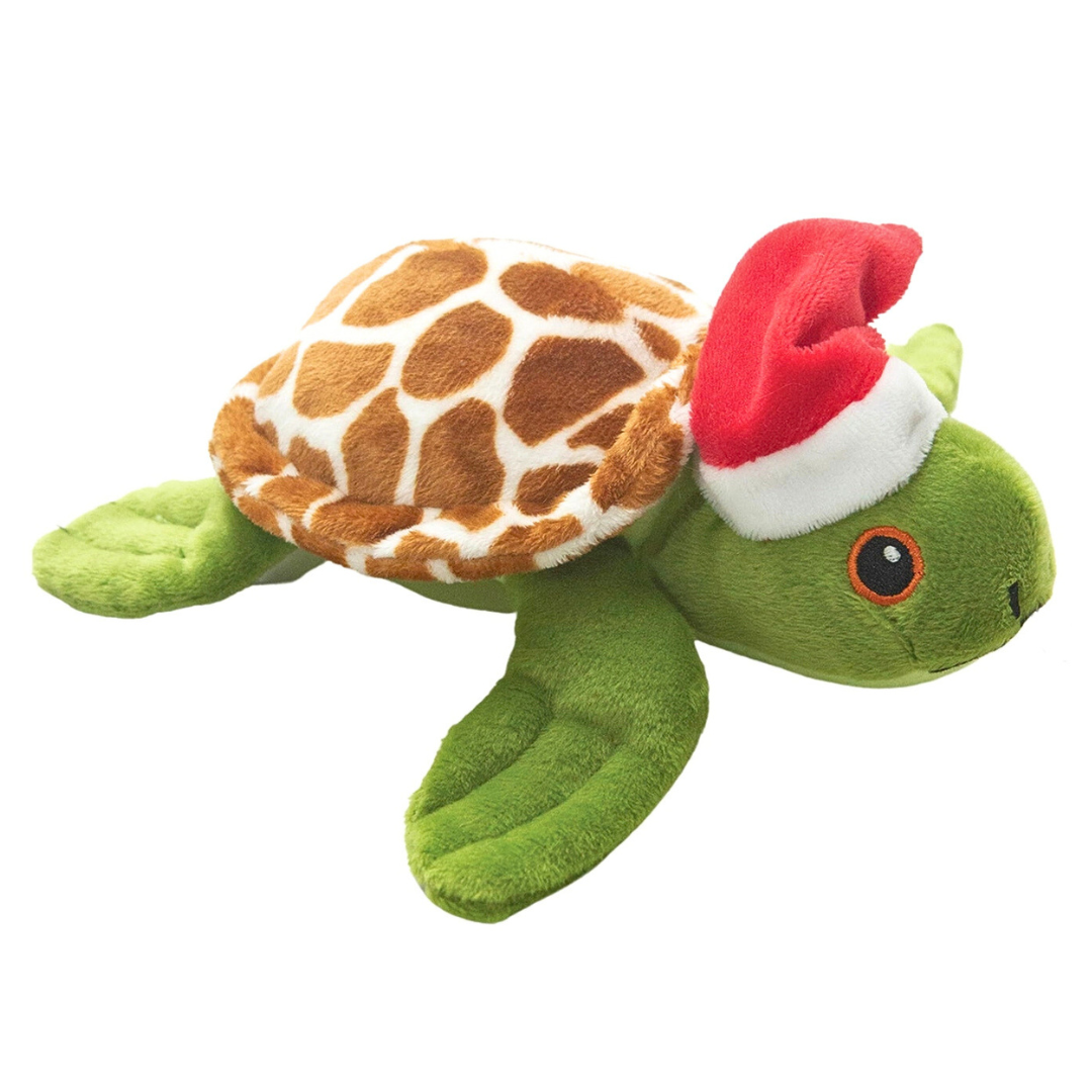 Coco & Pud Shelldon Claus Christmas Dog Toy - a plush green turtle dog toy with a red Santa hat angle view - Snug Arooz