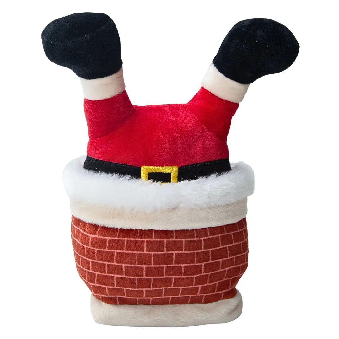 Coco & Pud Slippin' Santa Christmas Dog Toy - Santa Claus fallen in to chimney wearing red pants, black boots, and a chimney with a brick-patterned base festive dog toy - Snug Arooz