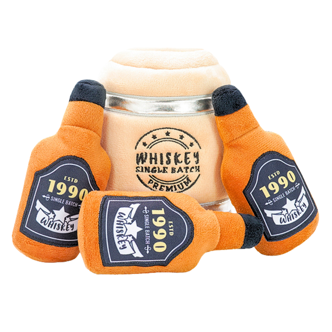 Coco & Pud Wiskey Barrel interactive dog toy with barrel and three bottles of whiskey dog toys - Hugsmart
