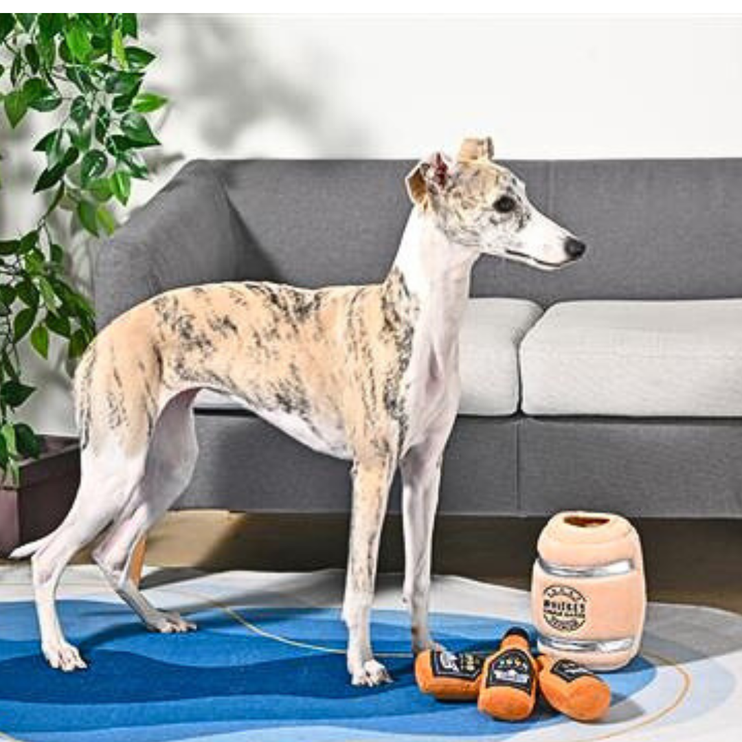 Coco & Pud Wiskey Barrel interactive dog toy with barrel and three bottles of whiskey dog toys and dog- Hugsmart