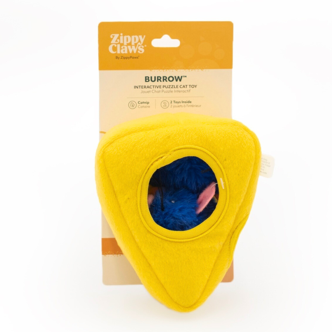 Coco & Pud Zippy Claws Mice 'n Cheese  interactive Catnip cat toy yellow cheese with blue catnip mice- Zippy Paws