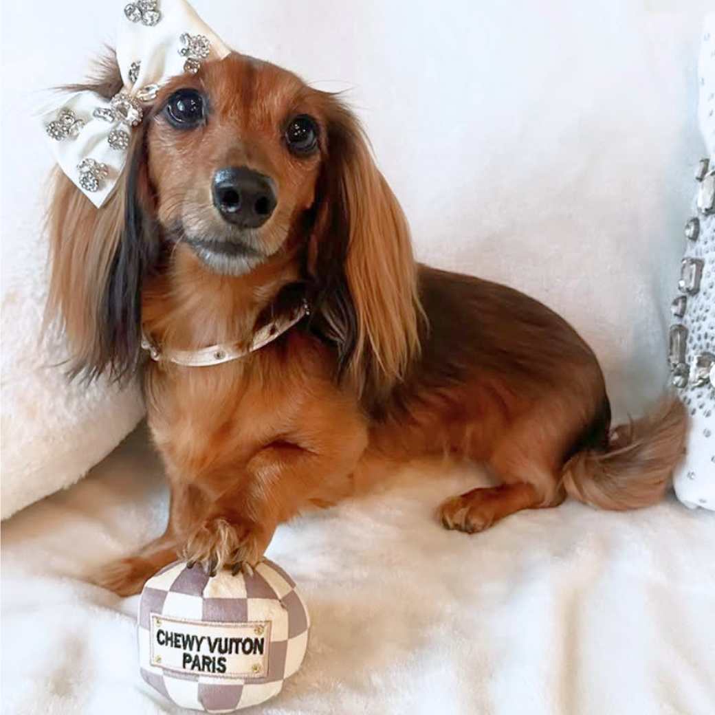 Coco & Pud  Checker Chewy Vuiton Ball plush dog toy with miniature long haired Dachshund - Haute Diggity Dog