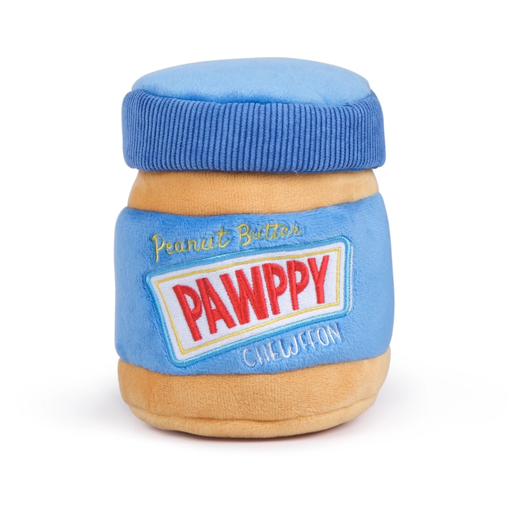 Coco & Pud Peanut Butter Jar Interactive Snuffle Dog Toy - Chewffon . A plush toy shaped like a peanut butter jar with a blue lid, tan peanut butter layers, and a blue label reading 'Pawppy Chewfon' 