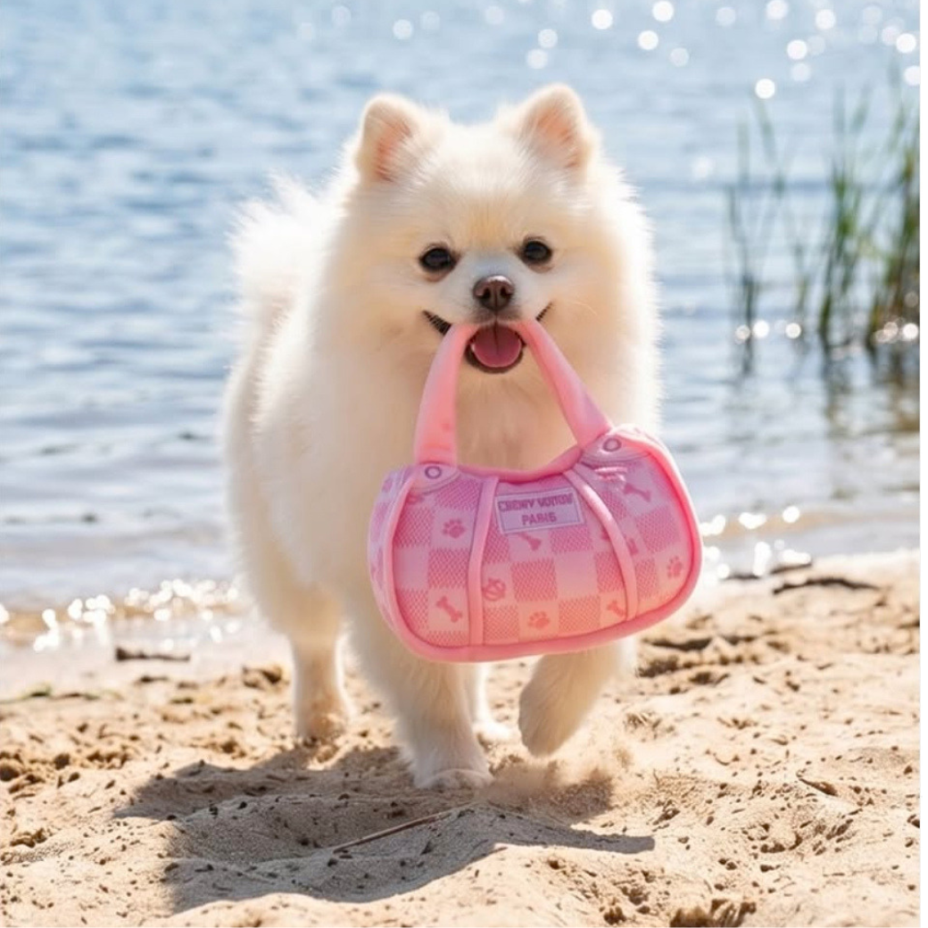 Coco & Pud - Pink Chewy Vuiton Handbag plush dog toy with white fluffy  dog - Haute Diggity Dog