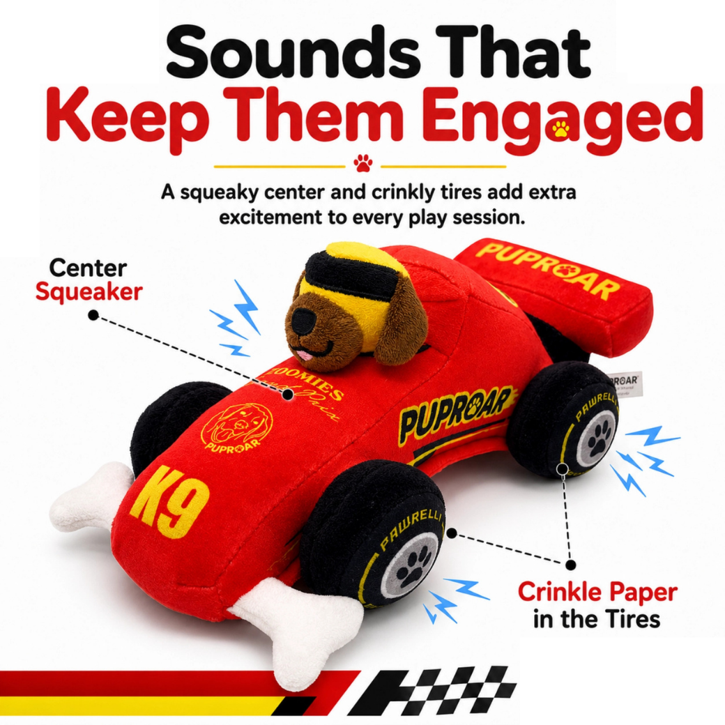 Coco & Pud - A red plush toy race car with a dog figure on top, black wheels, and white bone-shaped front feet, shown on a white background with marketing text and callouts about squeaky centre and crinkle paper in the tires - Puproar