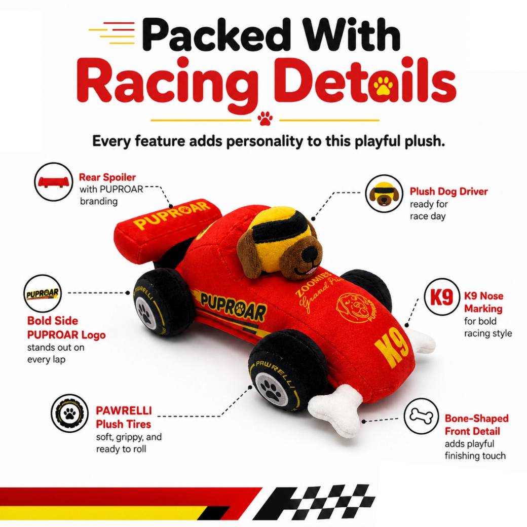 Coco & Pud - A red plush racing car toy with a dog driver figure inside, shown on a white background with callout labels and text describing racing details such as a rear spoiler, plush dog driver, PUPROAR branding, K9 nose marking, and Pawrelli tyres.