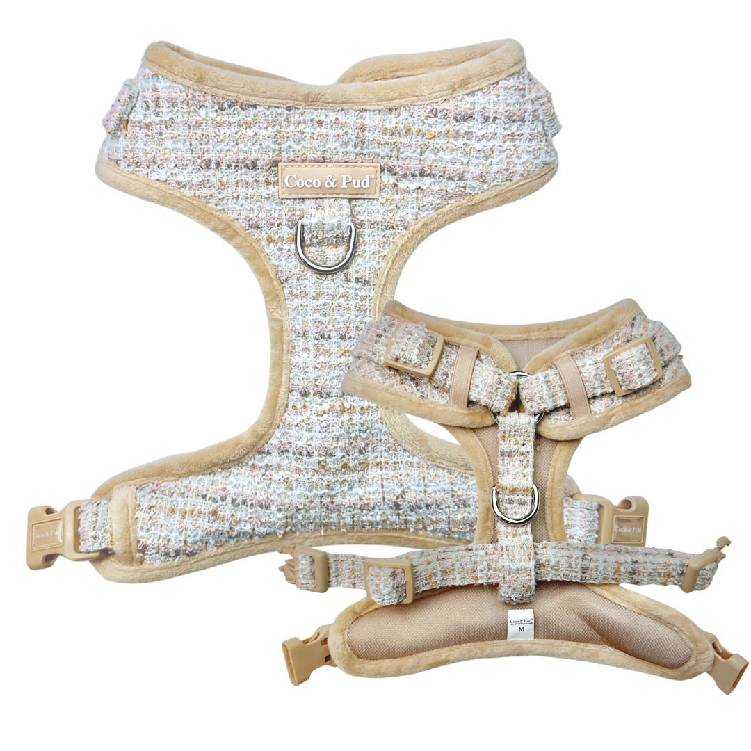 Coco & Pud Boucle de Luxe Adjustable Dog Harness - front and back - Timeless Taupe