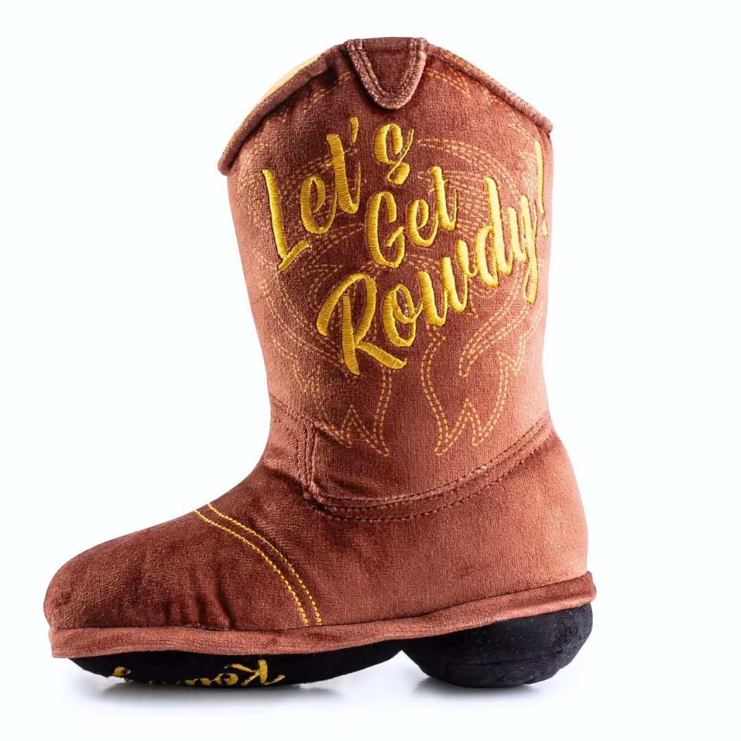 Coco & Pud Brown plush cowboy boot dog toy with 'Let's Get Rowdy' embroidery on a white background - Haute Diggity Dog