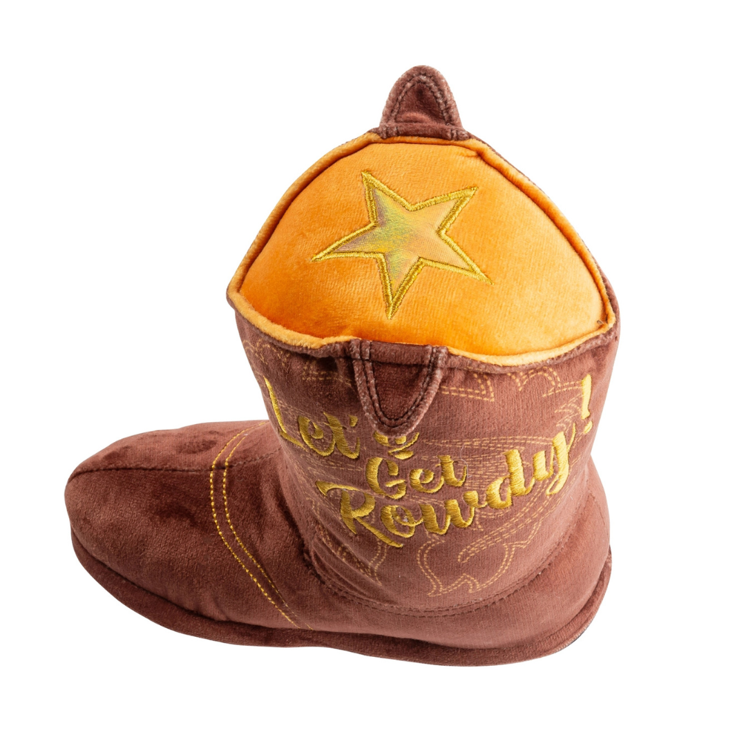 Coco & Pud Brown plush cowboy boot dog toy showing gold star on top with 'Let's Get Rowdy' embroidery on the side  - Haute Diggity Dog