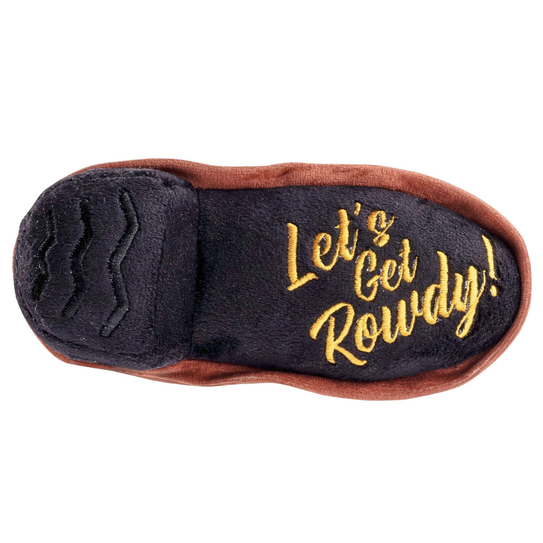 Coco & Pud Brown plush cowboy boot dog toy showing the bottom sole with 'Let's Get Rowdy' embroidery  - Haute Diggity Dog