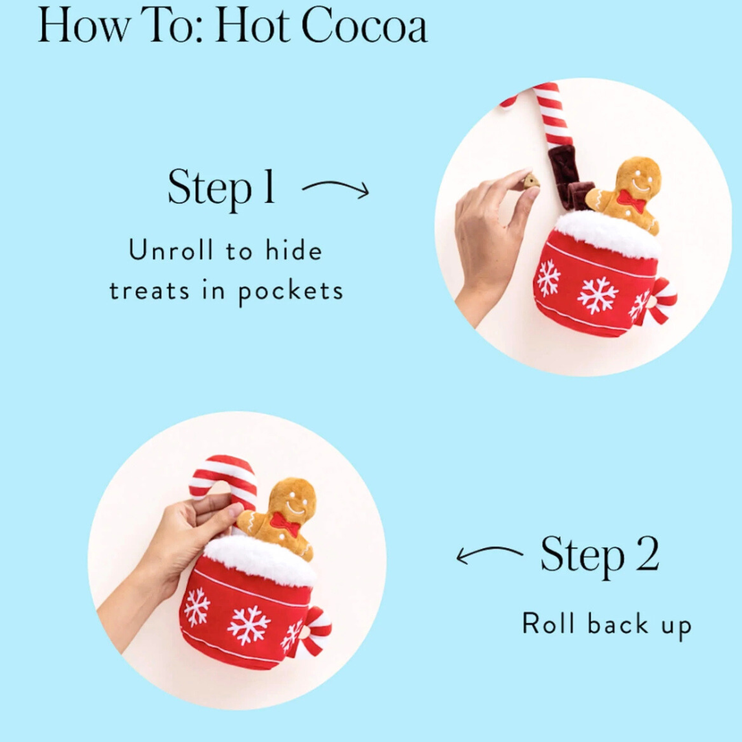 Coco & Pud Christmas Hot Cocoa Interactive Snuffle Dog Toy Instructions on how to use a hot cocoa-themed dog toy with steps and images of hands unrolling and rolling it up The Foggy Dog