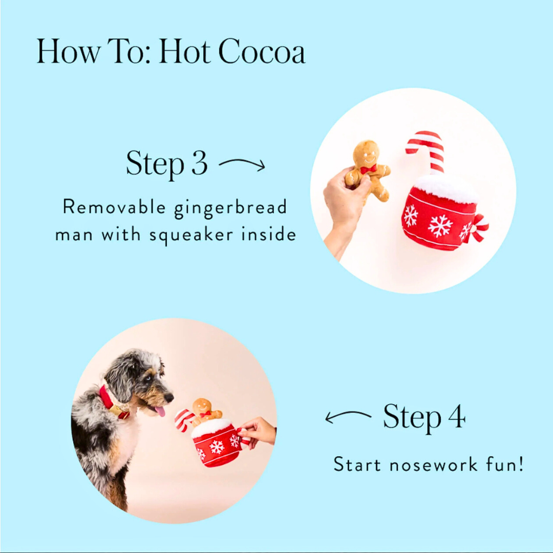 Coco & Pud Christmas Hot Cocoa Interactive Snuffle Dog Toy Instructions on how to use a hot cocoa-themed dog toy with steps how to remove  the gingerbread dog toy- The Foggy Dog 