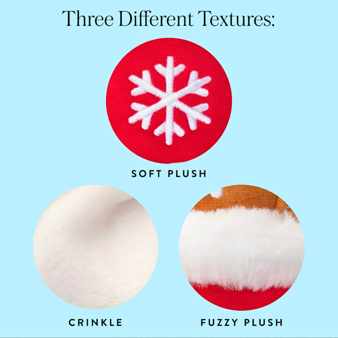 Coco & Pud Christmas Interactive Snuffle Dog Toy Three different textures of fabric samples labelled 'Soft Plush', 'Crinkle', and 'Fuzzy Plush' - The Foggy Dog