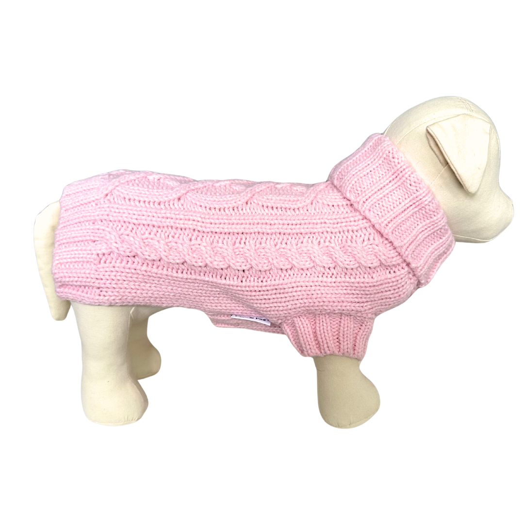 Coco & Pud Coco Cable Dog Sweater in Blossom Pink on dog mannequin
