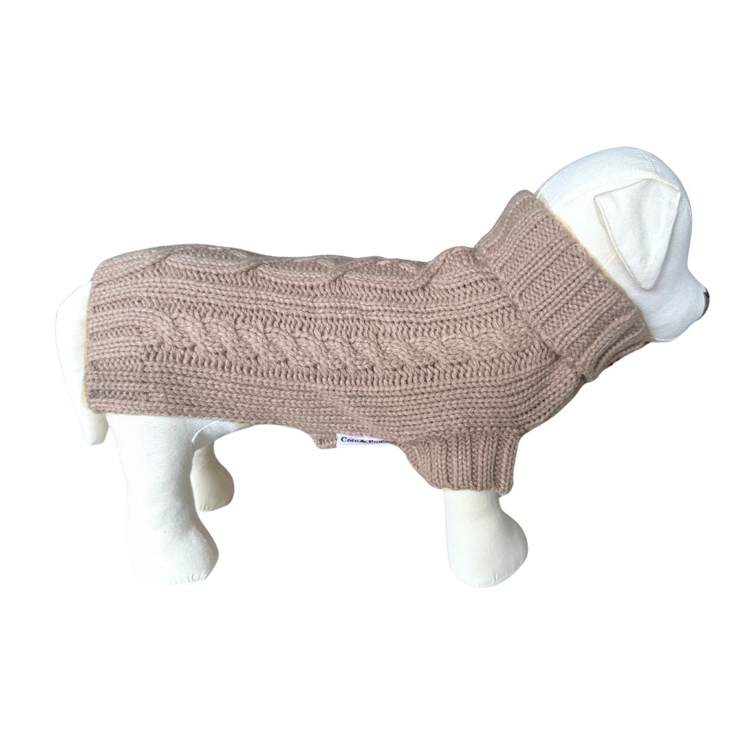 Coco & Pud Coco Cable Dog Sweater in Mocha on dog mannequin