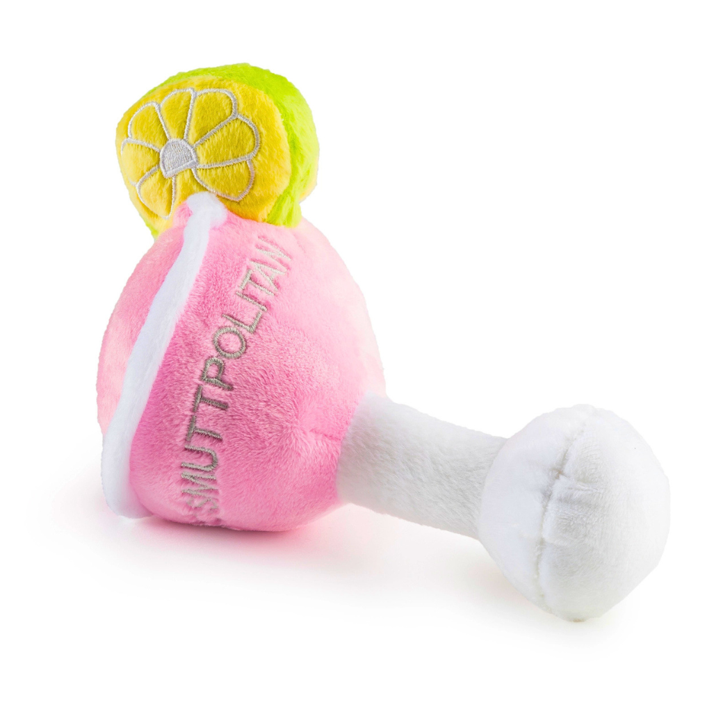 Coco & Pud Cosmuttpolitan plush dog toy with squeaker on its side with plush lemon on edge of glass with 'Cosmuttpolitan' embroidery writing.