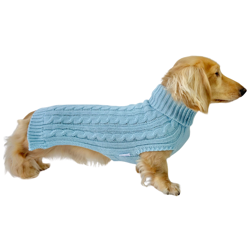 Coco & Pud Sea Mist Dachshund Cable wool dog jumper made for dachshunds