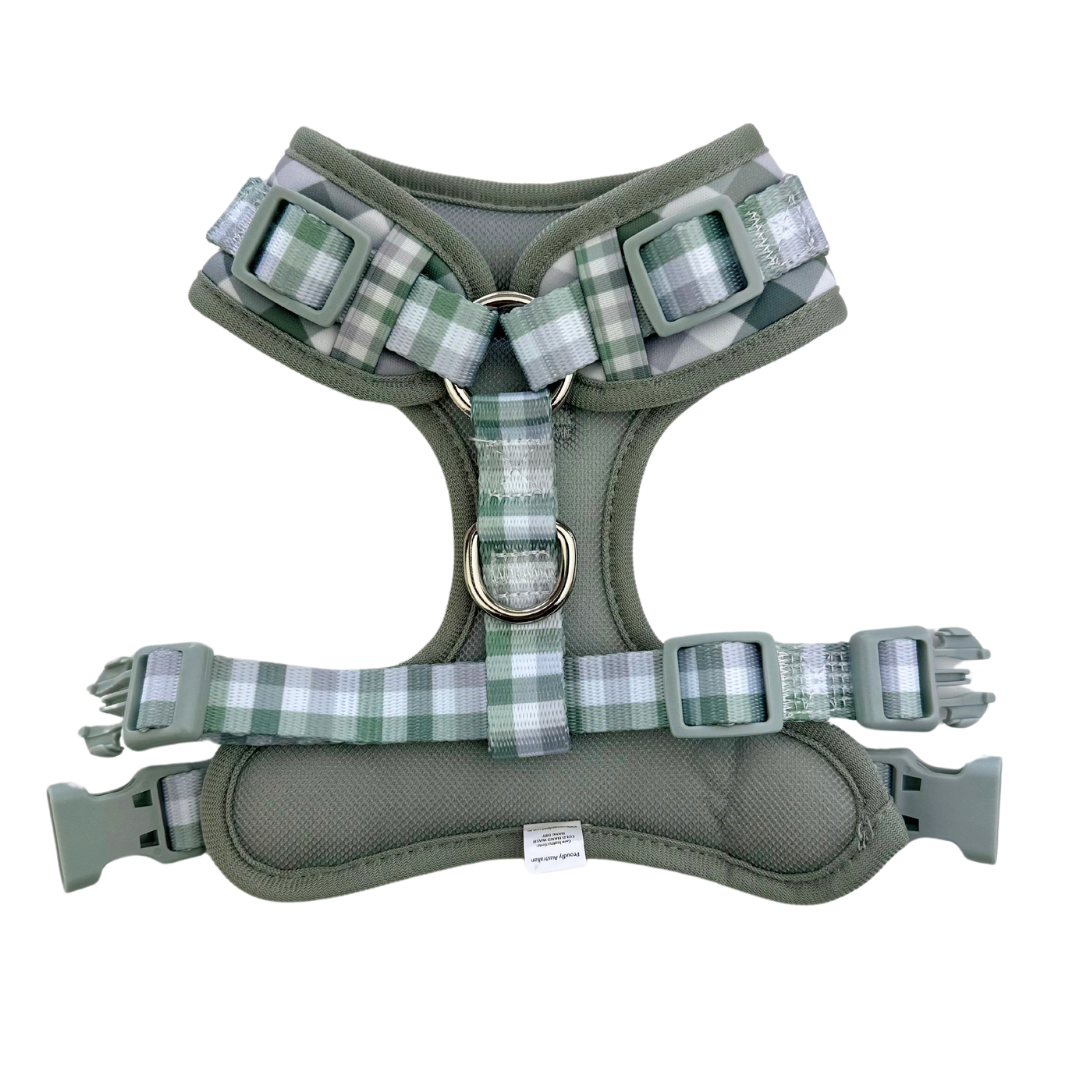 Gingham Olive Grey Adjustable Dog Harness