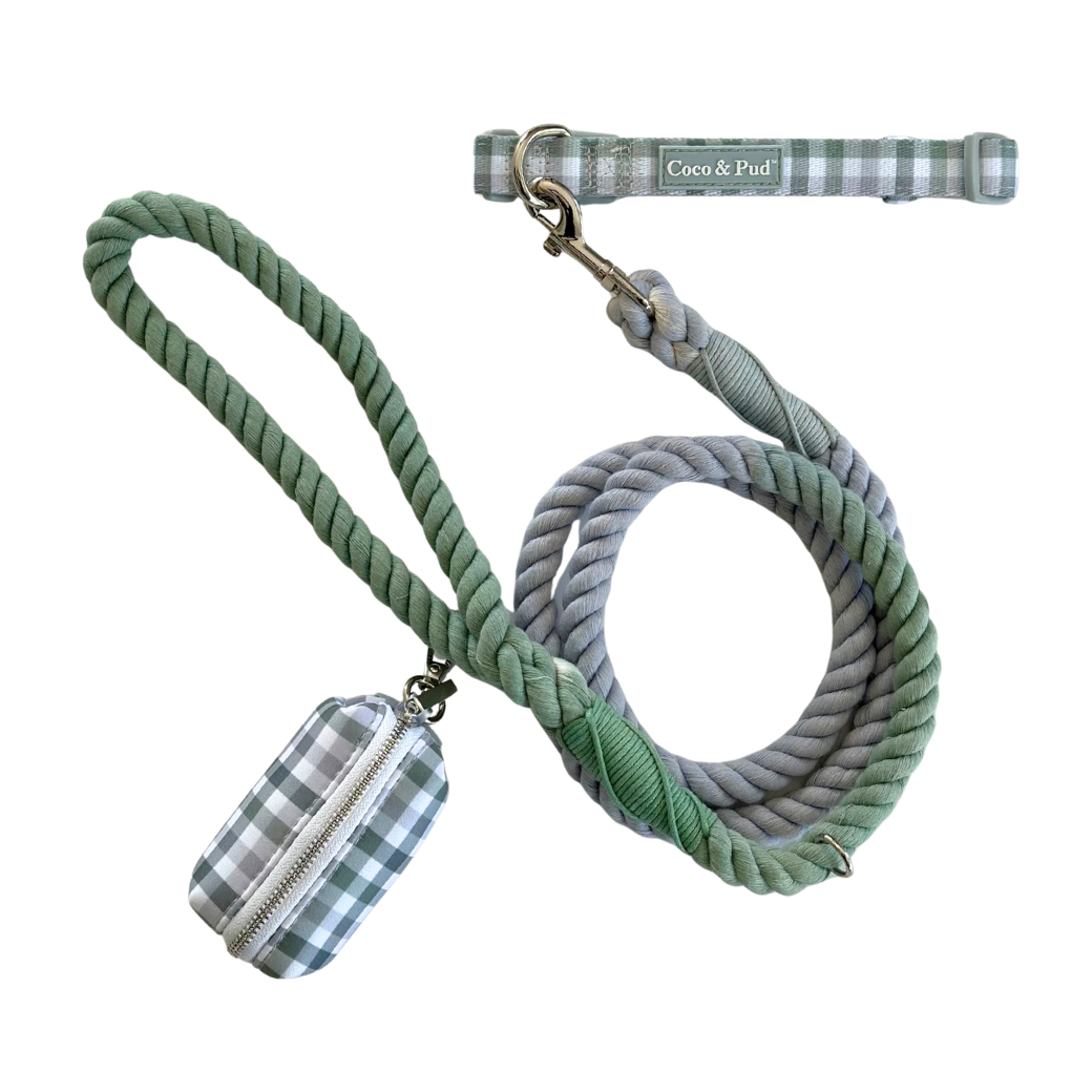 Coco & Pud Gingham Olive Grey dog walk set - Gingham olive grey dog collar, waste bag holder and olive grey rope dog lead/ leash