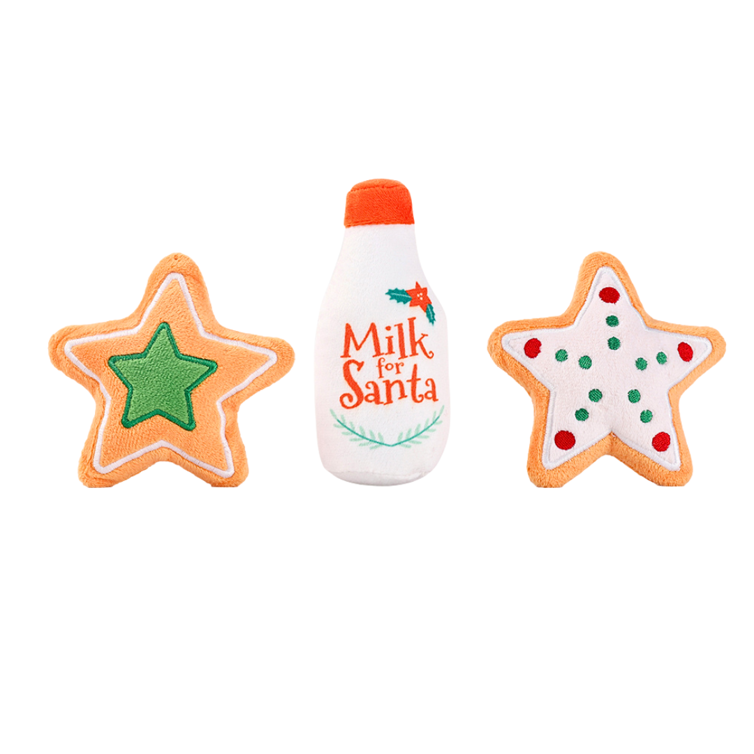 Coco & Pud Santa's Milk and Cookies Dog Toy - Set of 3 toys - a milk bottle and two star shaped plush cookie dog toys - Hugsmart