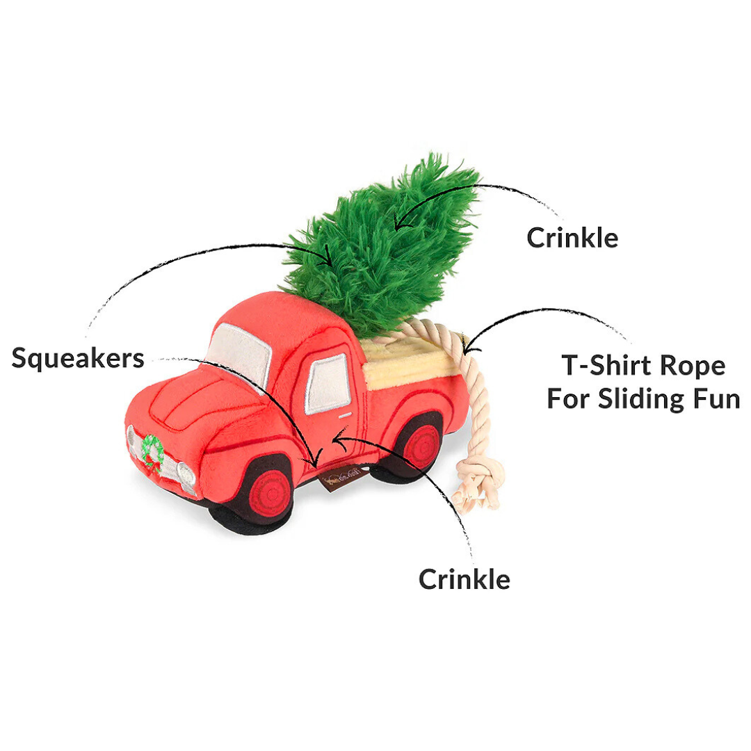 Coco & Pud Home For The Holidays Red Truck Christmas Dog Toy with Christmas Tree details - PLAY toys