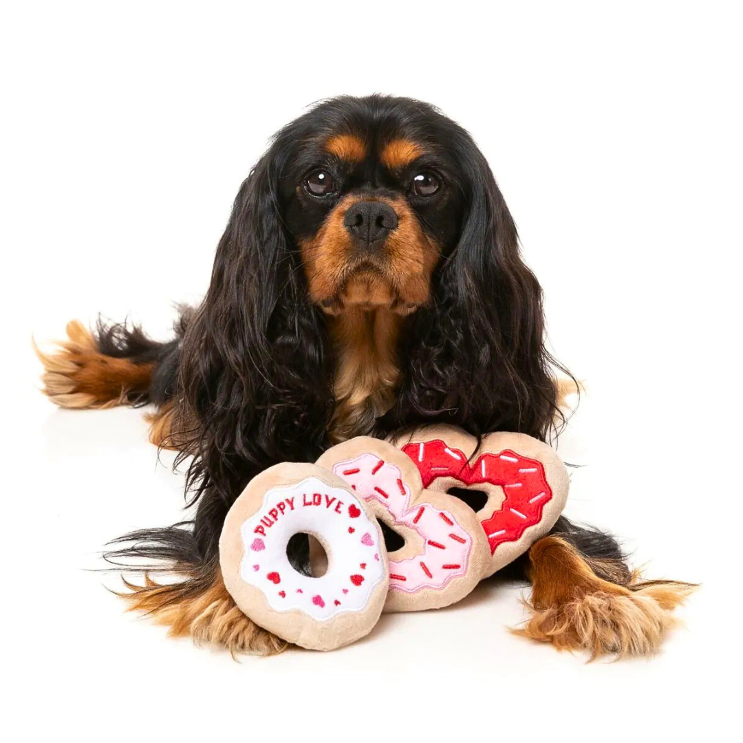 Coco & Pud I Heart Donuts 3pk Dog Toys with Cavalier King Charles Spaniel dog - Fuzzyard