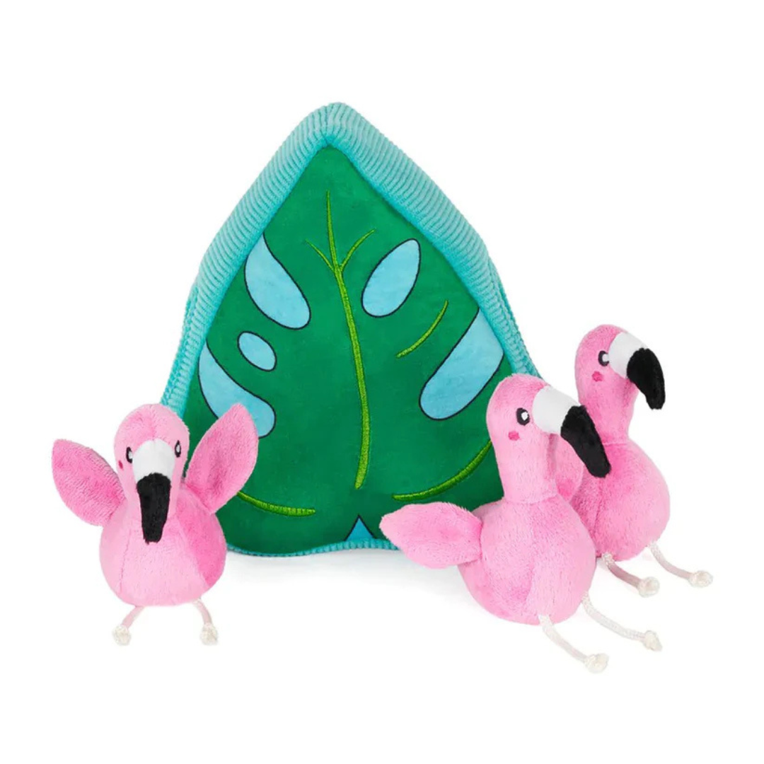 Coco & Pud Monstera Leaf showing 3 Flamingos Interactive Dog Toy - Zippy Paws