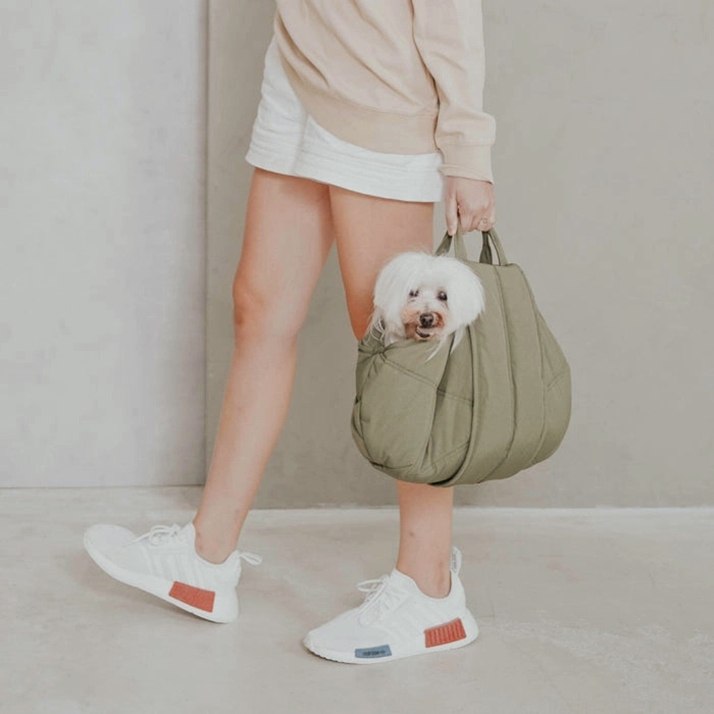 Coco & Pud - Olla soft pet carrier with a small white fluffy dog inside being carried by a person  - Lambwolf Collective