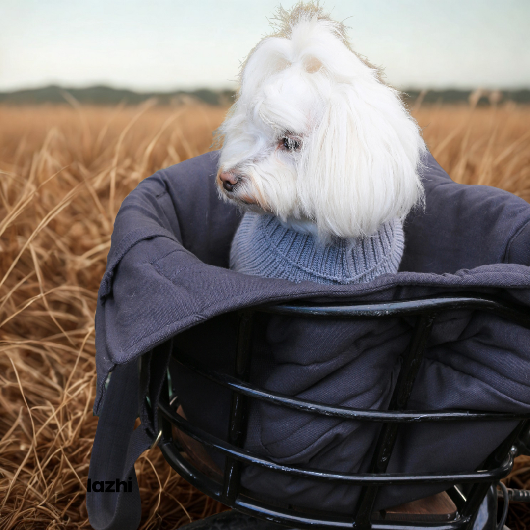 Coco & Pud Grey quilted pet/ puppy carrier bag with adjustable handles with white fluffu dog in bag in bike front basket - Tadazhi