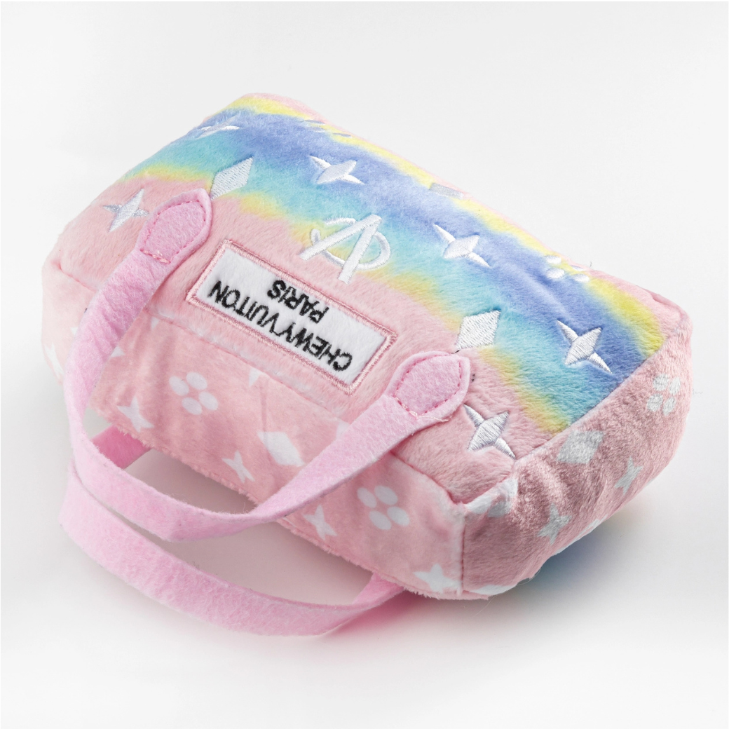 Pink Ombre Chewy Vuiton Plush dog toy handbag with 'Chewy Vuitton Paris' label  on side - Haute Diggity Dog