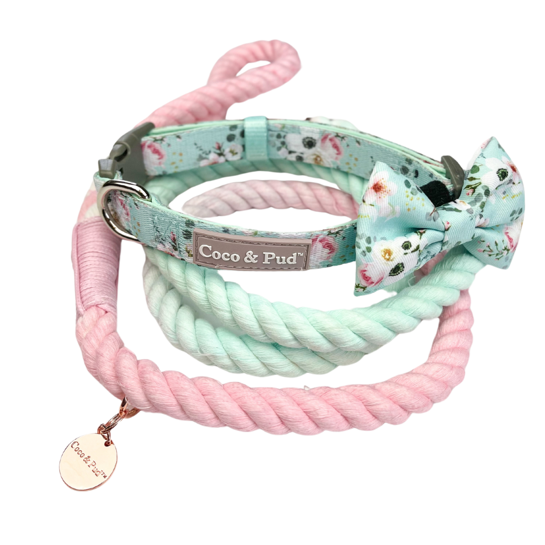 Coco & Pud - French Azure dog collar and bow toe with Provence Rose rope lead. A pastel dog collar set with a braided rope leash and matching floral accessories. The set includes a mint green collar with a pink floral pattern, a mint green ribbon, a pink braided rope leash, a matching pink and mint floral bow tie, and a small round metal tag engraved with the brand name 'Coco & Pud'.