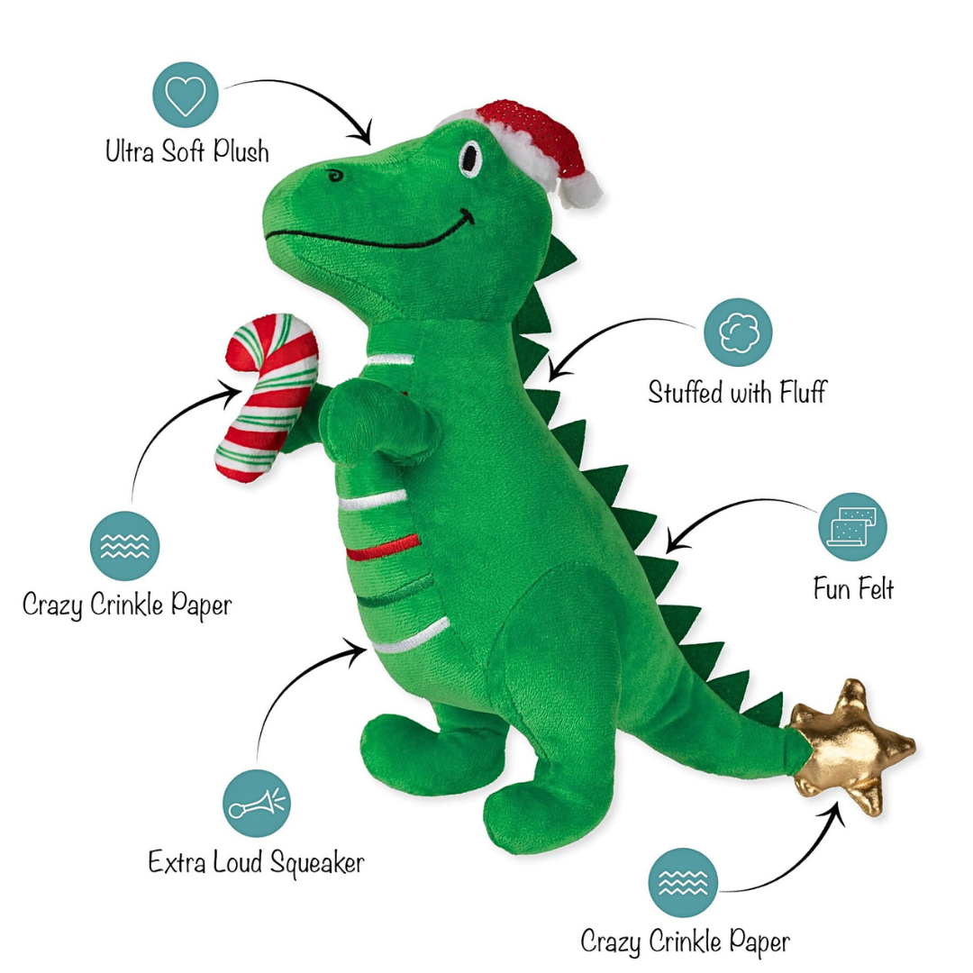 Coco & Pud Rex Mas is Here Christmas Dinosaur Plush Dog Toy details of product - Fringe Studio
