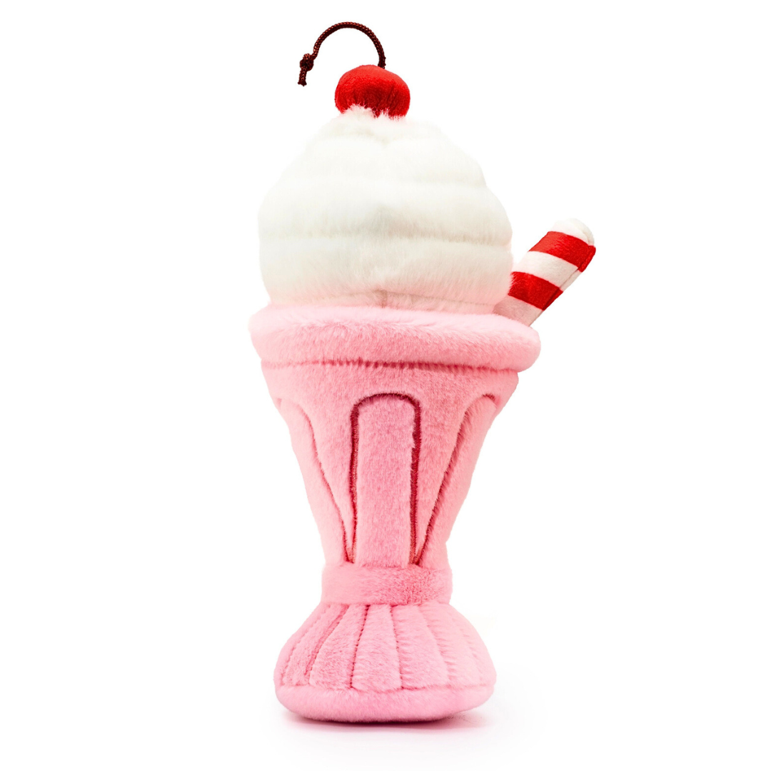 Coco & Pud Strawberry Milkshake Interactive Snuffle Dog Toy -Pink plush ice cream cone dog toy with whipped cream and cherry with a red and white candy cane straw - The Foggy Dog