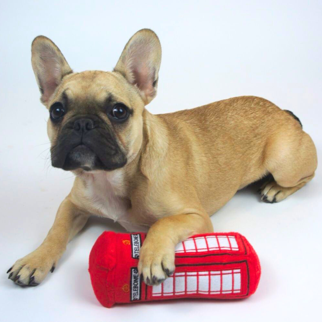 Coco & Pud Telebone British Red Telephone Box plush dog toy with French Bulldog puppy- Pet London