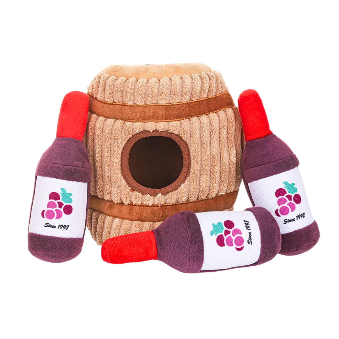 Coco & Pud Wine Barrel Interactive plush dog toy - Hugsmart