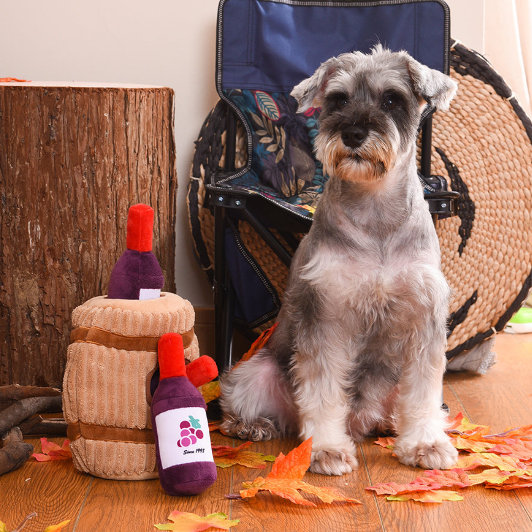 Coco & Pud Wine Barrel Interactive plush dog toy with Schnauzer dog- Hugsmart