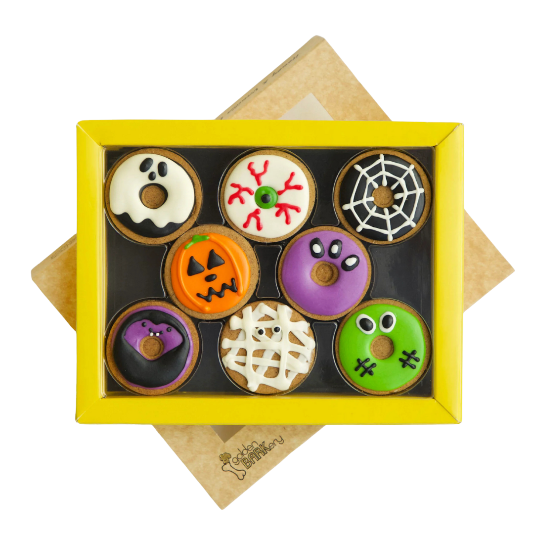 Halloween Dog Treats - Spooktacular Donuts  Golden Barkery yoghurt iced natural donuts