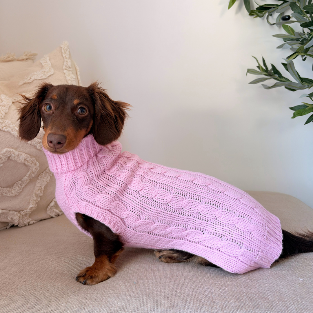 Coco & Pud Dachshund Cable Dog Sweater/ Dog Jumper - Light Pink