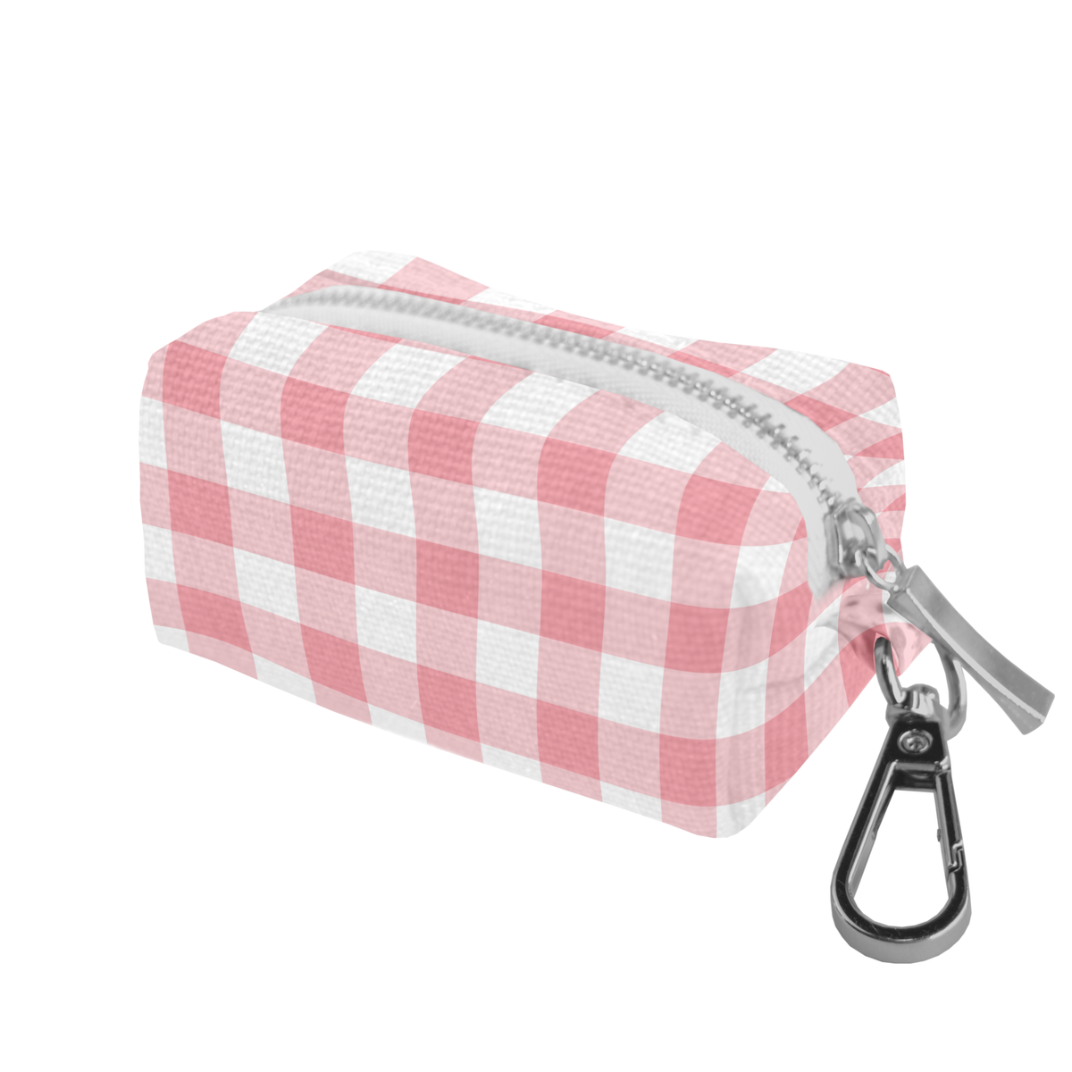 Coco & Pud- Gingham Rose Waste Bga Holder-  a pink and white gingham check dog collar with a silver metal ring and a pink brand label reading 'Coco & Pud'. 