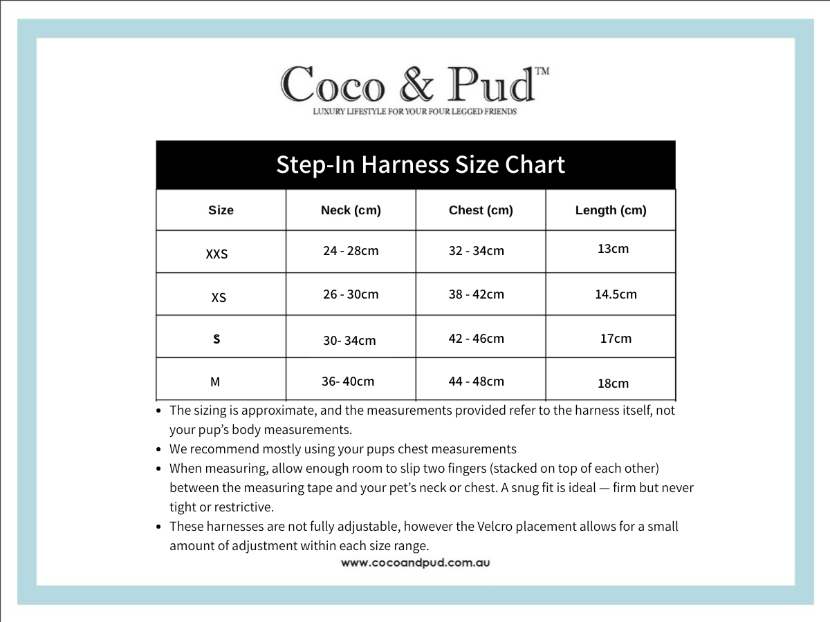 Coco & Pud Essential Pup Step-in Dog Harness Size Chart
